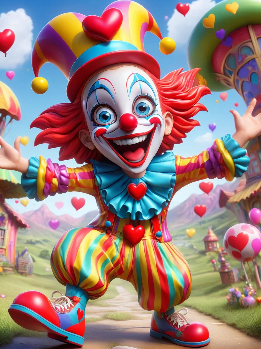1girl,solo,clown, Grin, laugh out loud, big eyes, shiny, fit, Wearing chaotic and colorful clothes, Wearing a fancy hat with a heart symbol on it, Baggy pants, Oversized shoes, Express excitement vividly, Open your arms, The background is an otherworldly landscape, full-body shot, Cartoon Style, Created with C4D and Blender, precise, Blind box toy styles, Super Detail, Anatomically correct, masterpiece,Panorama,Wide Angle