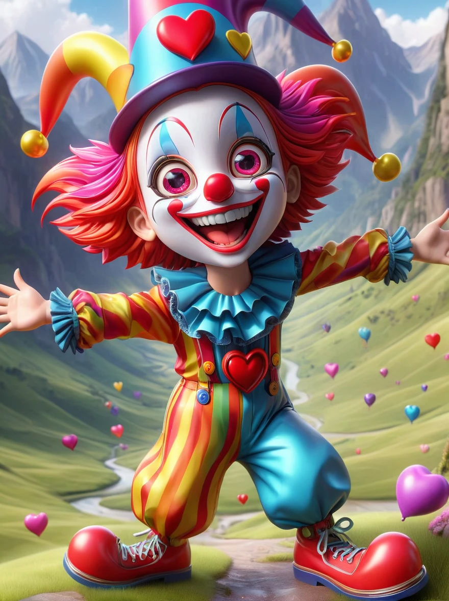 1girl，solo，clown, Grin, laugh out loud, big eyes, shiny, fit, Wearing chaotic and colorful clothes, Wearing a fancy hat with a heart symbol on it, Baggy pants, Oversized shoes, Express excitement vividly, Open your arms, The background is an otherworldly landscape, full-body shot, Cartoon Style, Created with C4D and Blender, precise, Blind box toy styles, Super Detail, Anatomically correct, masterpiece，Panorama，Wide Angle
