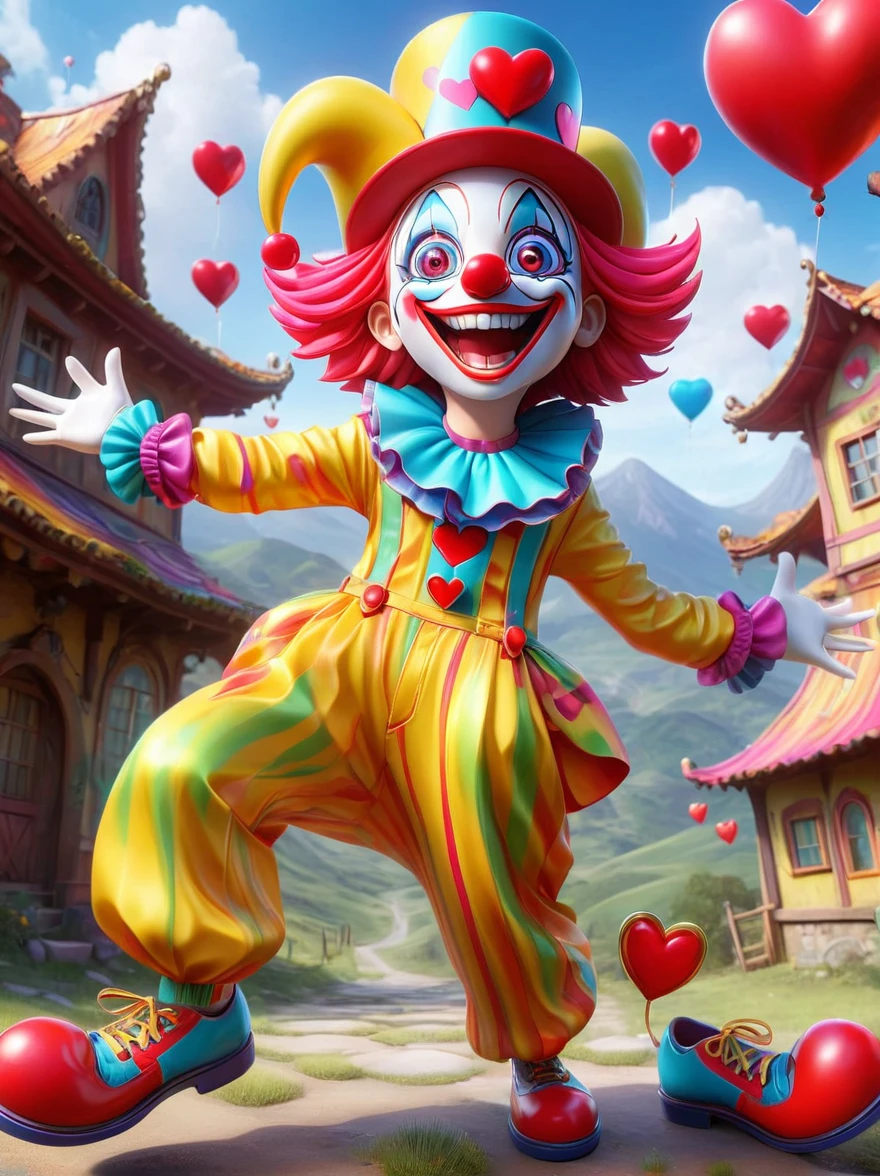 1girl,solo,clown, Grin, laugh out loud, big eyes, shiny, fit, Wearing chaotic and colorful clothes, Wearing a fancy hat with a heart symbol on it, Baggy pants, Oversized shoes, Express excitement vividly, Open your arms, The background is an otherworldly landscape, full-body shot, Cartoon Style, Created with C4D and Blender, precise, Blind box toy styles, Super Detail, Anatomically correct, masterpiece,Panorama,Wide Angle