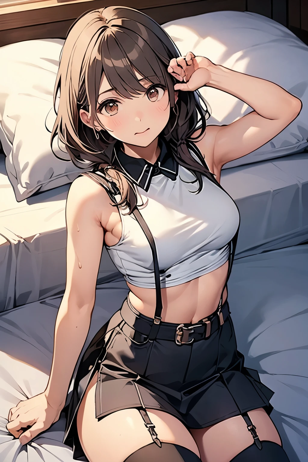 Staring at the audience　　　Black suspenders　　　bulging big breasts　　 　 　　　wall 　mini skirt　garterbelt　garter　　　　　　sight　　　Small face　 　　　holster　　　Beautiful woman　　Show your hand　　 Lying in bed　　sight 　　Taunt　side　side汗 　arm　　belt　summer　Armpit sweat