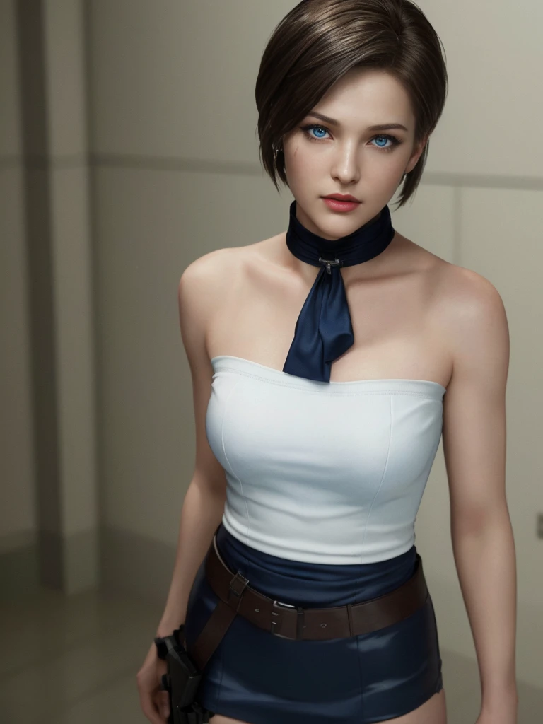 Jill Valentine, light blue eyes, (best quality, ultra-detailed), (realistic:1.37), beautiful and detailed face, ultra-realistic texture, delicate face, delicate body, red lipstick, vivid colors. High definition, 8K. athletic body.