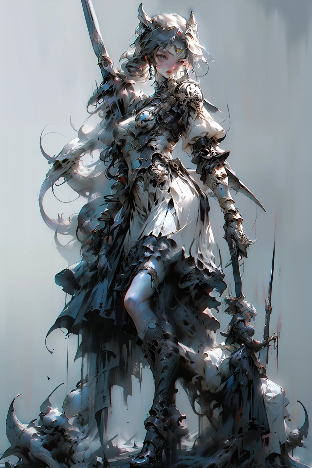 ((best quality)), ((masterpiece)), (detailed), blank white background, plain background, white background, Bloodborne inspired, occult aesthetic, occult, detailed and intricate steampunk and detailed gothic, NSFW, Very dramatic and cinematic lighting, cosmic horror, grim-dark, side-lighting, perfect face, a beaituful goddess valkyrie adorned and enshrined in armour, Bloodborne inspired valkyrie, occult aesthetic valkyrie, occult valkyrie, detailed and intricate steampunk and detailed gothic valkyrie, wielding a sword and holding a shield, NSFW, Fluttering lace flared long knee length dress with frilly petticoats, knee length dress, pleated petticoats, lolita dress, petticoats gothic lolita, side-lighting, gothic lolita aesthetic, beautiful small breasts, small breasts, full body, whole body, body, plain background, white background, blank background, no background, white background NSFW, full body, whole body, head-to-toe