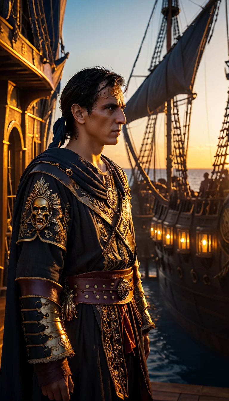 As the sun began to set, The warm golden hues of the sun illuminated his ornate attire, casting a warm glow across the area, Julius Caesar writing poetry on a pirate ship, background dark, hyper realistic, ultra detailed hyper realistic, photorealistic, Studio Lighting, reflections, dynamic pose, Cinematic, Color Grading, Photography, Shot on 50mm lens, Ultra-Wide Angle, Depth of Field, hyper-detailed, beautifully color, 8k, golden light from the front,