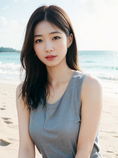 Japanese female 1 person, Middle-aged women: 0.1, Realistic, Exquisite face, alone, Large Breasts, Tight grey tank top. Beach, (White skin: 1.8, ), The look of temptation, Warm lighting: Sunny day, (RAW Photos:1.2), (Realistic), Full body shot,