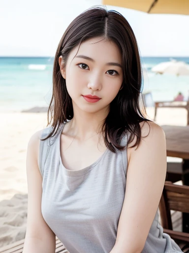 Japanese female 1 person, Middle-aged women: 0.1, Realistic, Exquisite face, alone, Large Breasts, Tight grey tank top. Beach, (White skin: 1.8, ), The look of temptation, Warm lighting: Sunny day, (RAW Photos:1.2), (Realistic), Full body shot,