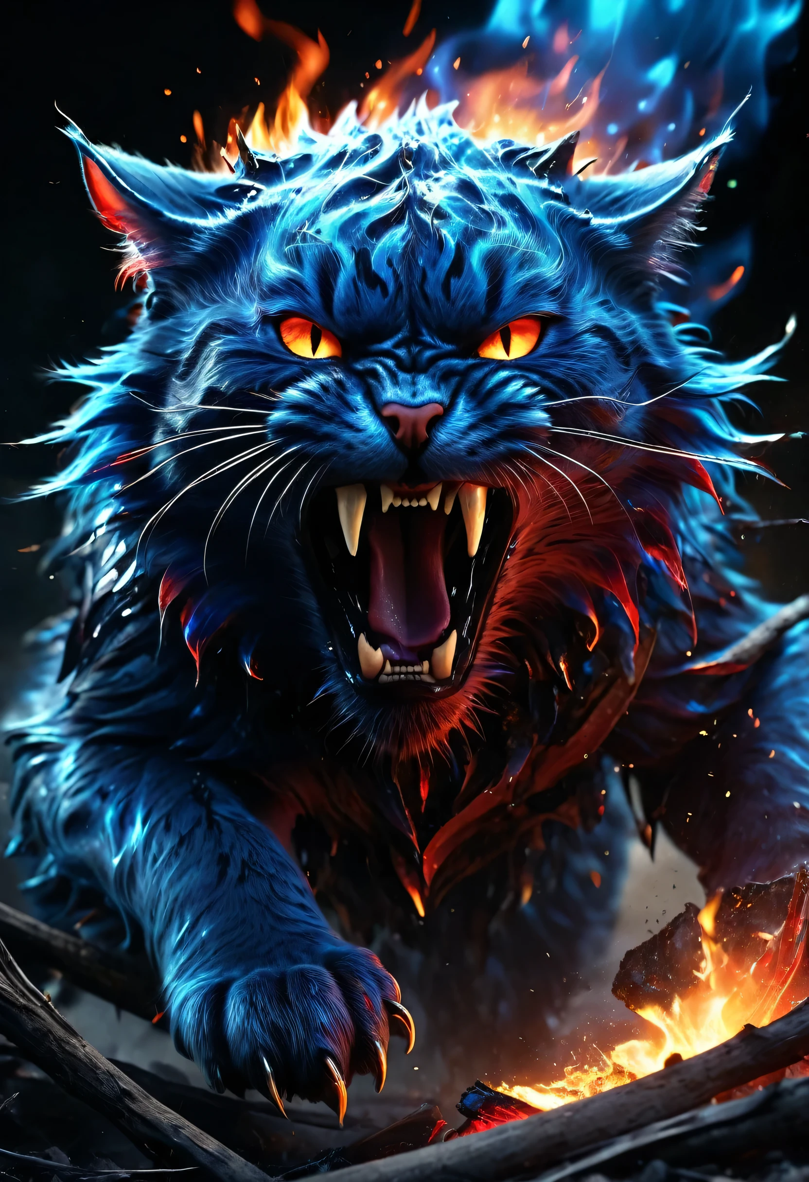 fire cat, perfect detailed, red_blue flames, fierce expression, wrath face, dodging, swing claws, massive debris, UHD, hyperrealism, 