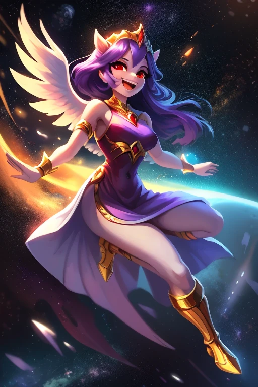 "((better quality)), ((solo girl)), full body, anthrophomorphic female pony, white skin, red eyes pulpils, smiling expression,white bird long wings and long dark purple hair, purple godddess dress, golden bracess, golden feet bracess, flying pose ((space background))

