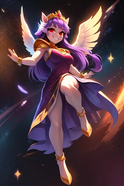 "((better quality)), ((solo girl)), full body, anthrophomorphic female pony, white skin, red eyes pulpils, smiling expression,white bird long wings and long dark purple hair, purple godddess dress, golden bracess, golden feet bracess, flying pose ((space background))