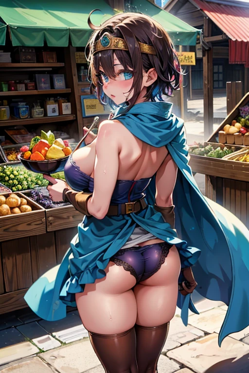 (Outdoor Environments),Desert town bazaar,Whimsical storefront,Fascinating market stalls,Bearded man wearing a turban,
Magical artifacts and potions,A large amount of food is lined up,Dust,the wind is strong,砂stone,(oasis:1.2),
(from behind), from back, skirt lift by myself, showing panties,
((highest quality)), ((masterpiece)),(detailed),High resolution,Sharp focus,Perfect Face,{best illustration},
(非常にdetailed CG unity 8k wallpaper),(((Vibrant colors))),Official Art,DQ3,One girl,short hair,
shiny 肌,very shiny 肌,Shiny body,plastic glitter 肌,exaggerated shiny 肌,illuminated skin,
((detailedなボディ)),(detailedな顔)), cute,Lewd,erotic,Bold,Camel Toe,Muscular,
Brown Hair,blue eyes,Gold circlet with blue jewel,Big Breasts,Cleavage,pubic hair,
Strapless,Blue clothes,Purple Cape,Knee socks,gloves,boots,belt,sheath,肘用gloves, 革のboots, 革のbelt,
(背中にsheathに納められた武器:1.1)
nsfw, bewitching pose, (((vulgarity))), sweat,Dripping water,My whole body is wet,heavy breathing, humid,
fucked silly,