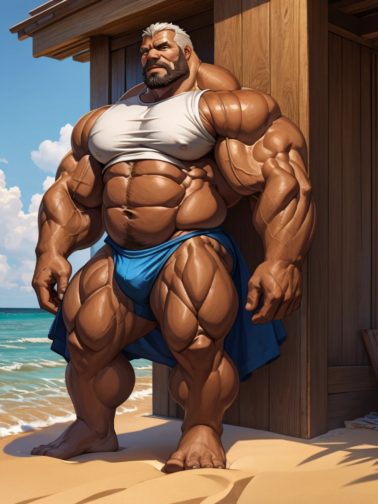 beach, side view, extremely huge muscular, massive muscular, full-body, well-muscled old man and showing back muscle, shirtless, nude. ((extremely muscle size, super thick arms, huge back, extremely wide back and shoulder , huge arms)).  and add details to make it attractive and interesting. Add textures and details to make the image more realistic, such as the appearance of the shirt texture and the appearance of the skin. Make sure the resulting image is high resolution, 8K quality."