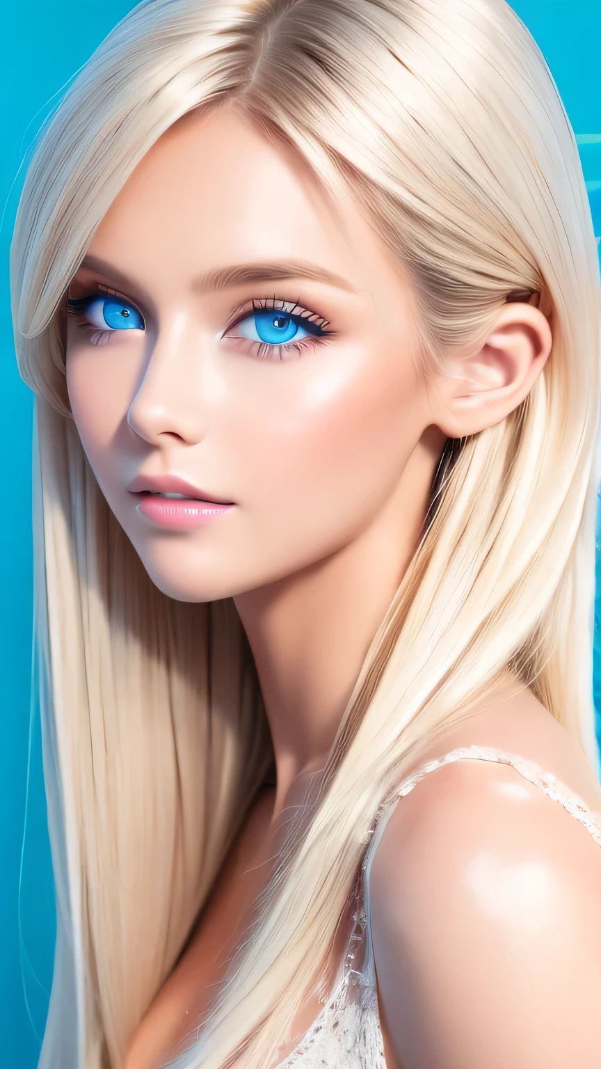 Shiny, Beautiful white skin、Hair color changes with light、Long bangs obstruct the view、Cheek gloss highlighter、Sexy and very beautiful, Ladylike, cute, Gorgeous face、The most beautiful face in the world、The most beautiful super long blonde hair in the world、Smooth, Straight Hair、Bright light blue eyes, lighting equipment、Beautiful pony、Beautiful 15 year old Swedish girl、Baby Face
