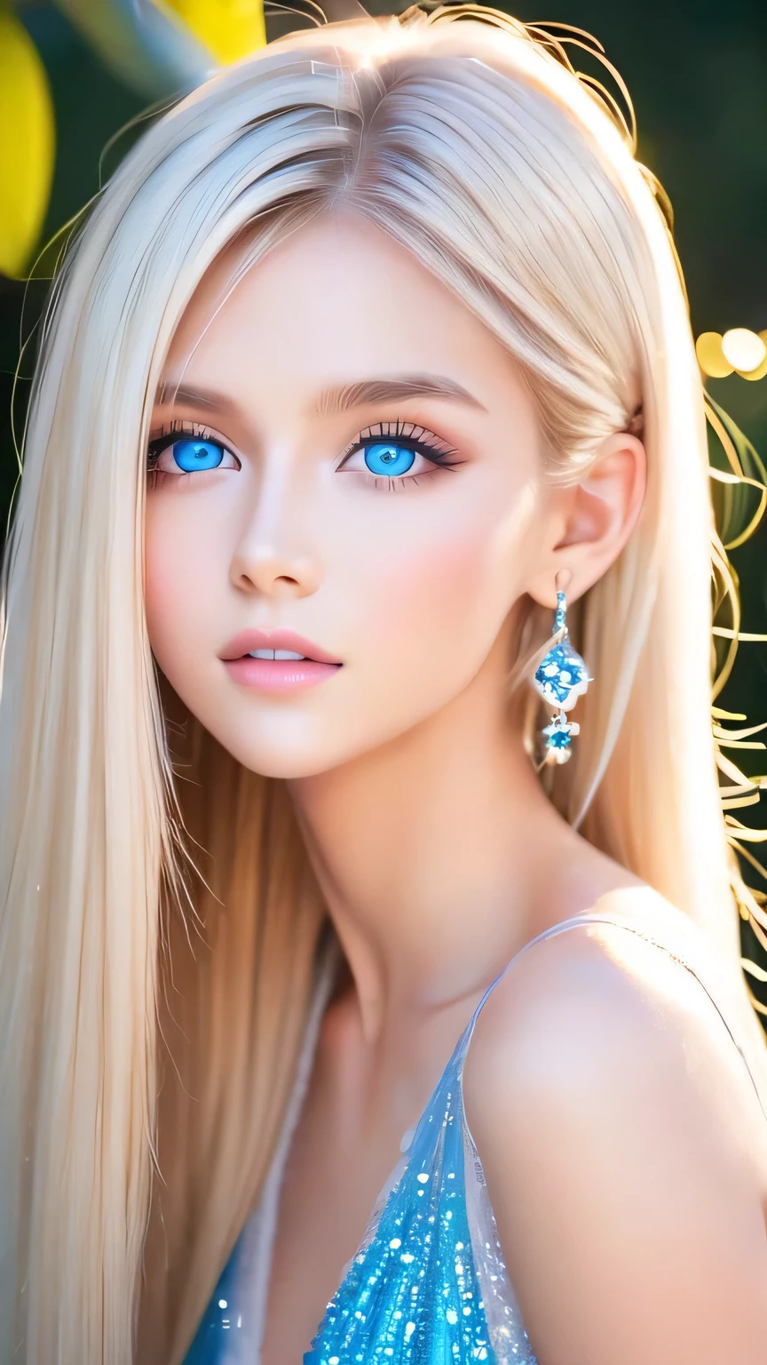 Shiny, Beautiful white skin、Hair color changes with light、Long bangs obstruct the view、Cheek gloss highlighter、Sexy and very beautiful, Ladylike, cute, Gorgeous face、The most beautiful face in the world、The most beautiful super long blonde hair in the world、Smooth, Straight Hair、Bright light blue eyes, lighting equipment、Beautiful pony、Beautiful 15 year old Swedish girl、Baby Face