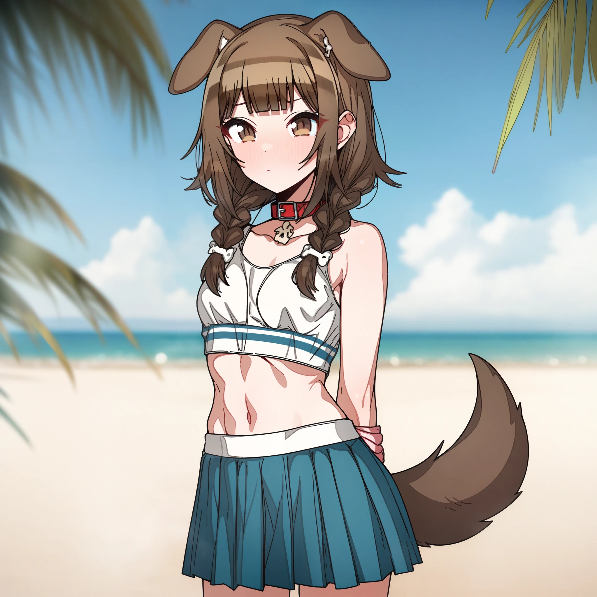 inugami_korone, Artist, erere, Copyrights, idolmaster, idolmaster_shiny_colors, Character, General, 1girl, brown_hair, blunt_bangs, blush, medium_breasts, breasts, smile, brown_eyes, censored, striped bikini, yellow_bikini, frilled_bikini, navel, dog_tail, animal_collar, twin_braids, dog_ears, bone_hair_ornament, raised_eyebrows, paw_pose, :d, teeth, raised_eyebrows, (standing in middle, beach_umbrella), sky, clouds, detailed, sand, outdoors, from_side, looking_at_viewer, masterpiece, best_quality, great_quality, girl, solo, center_composition, centered character, cute
