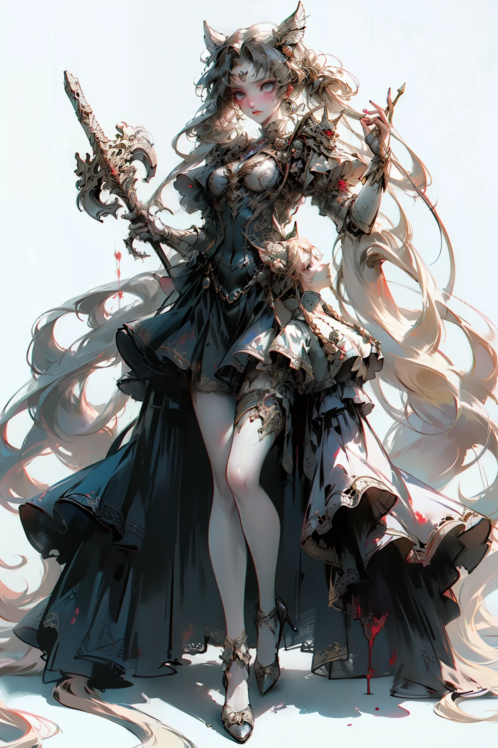 ((best quality)), ((masterpiece)), (detailed), blank white background, plain background, white background, Bloodborne inspired,  occult aesthetic, occult, detailed and intricate steampunk and detailed gothic, NSFW, Very dramatic and cinematic lighting, cosmic horror, grim-dark, side-lighting, perfect face, a beaituful goddess valkyrie adorned and enshrined in armour, Bloodborne inspired valkyrie, occult aesthetic valkyrie, occult valkyrie, detailed and intricate steampunk and detailed gothic valkyrie, wielding a sword and holding a shield, NSFW, Fluttering lace flared long knee length dress with frilly petticoats, knee length dress, pleated petticoats, lolita dress, petticoats gothic lolita, side-lighting, gothic lolita aesthetic, beautiful small breasts, small breasts, full body, whole body, body, plain background, white background, blank background, no background, white background NSFW, full body, whole body, head-to-toe