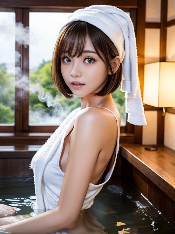 On the table, highest quality, One Girl, (Beautiful girl, Role Playing Game Maker:1.2), (24-years-old:1.2), The clarity of the eyes is very good, (Symmetrical eyes:1.3), Browsing Caution, (hot spring, , Covering the body with steam:1.3), Beautiful breasts, Brown eyes, Parted bangs, Brown Hair, Upper Fang、Put a bath towel on your head、turn around、Back view、Butt、aroused、bob cut