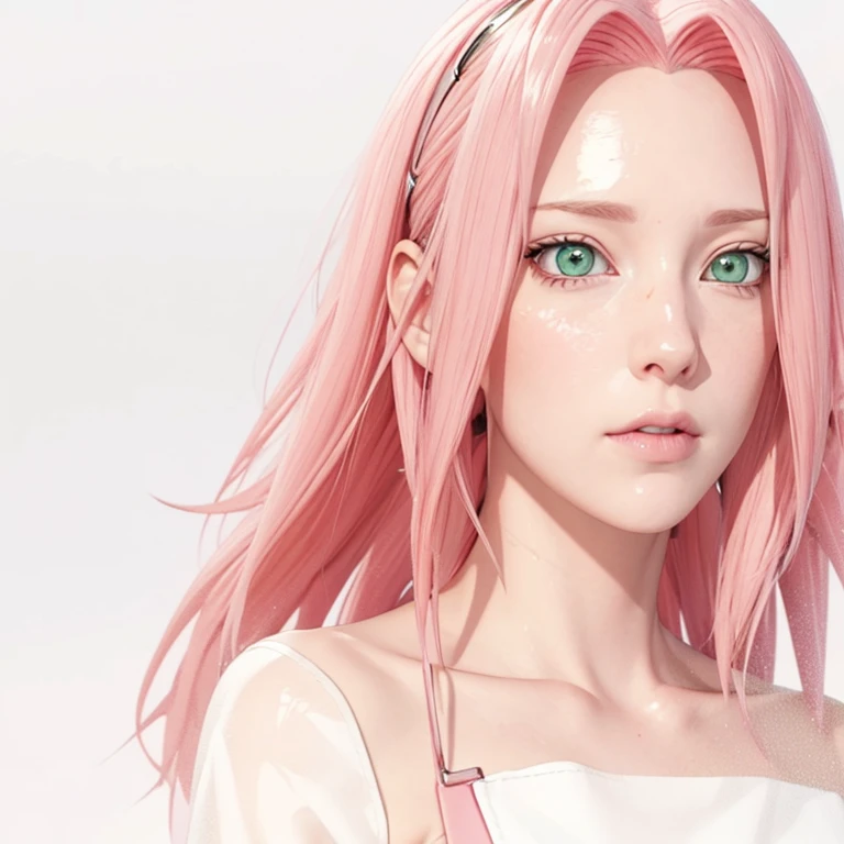 young woman, pale skin, short bubblegum pink hair, wide forehead, emerald green eyes, buttoned nose, peach lips, heart-shaped face, slender, red clothes, Sakura Haruno, 3d, realism, angelic face, maya in net