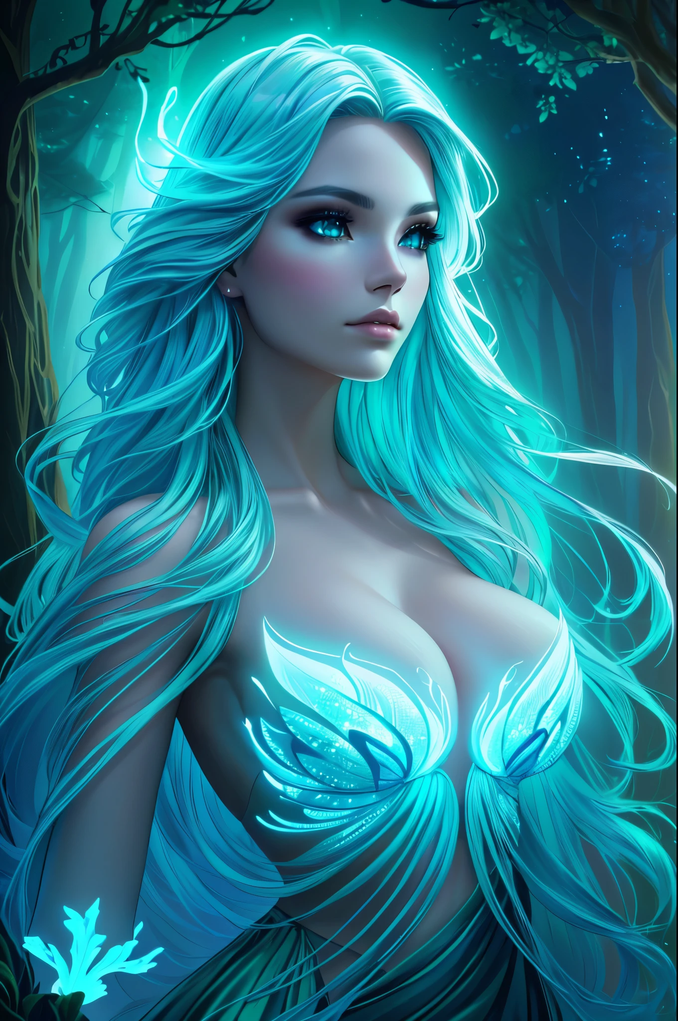 a gorgeous woman, bioluminescent skin, ethereal glowing skin, porcelain skin, delicate features, warm lighting, fantasy, magical, cinematic, dramatic lighting, chiaroscuro, moody atmosphere, elegant pose, serene expression, flowing hair, nature elements, ethereal forest background, glowing mushrooms, bioluminescent plants, dreamy, surreal, hyper-detailed, 8k, high resolution, photorealistic