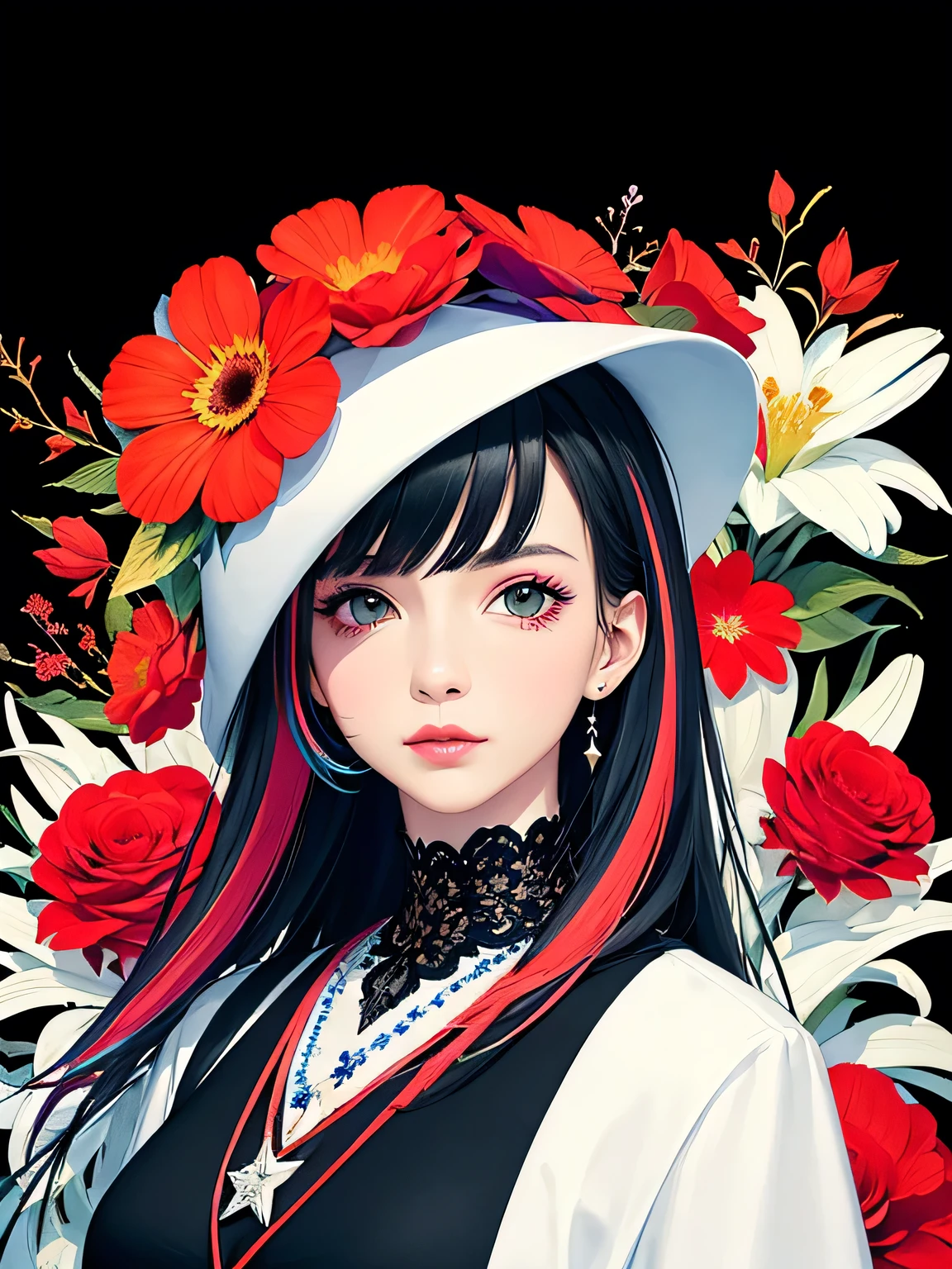 Black Star Red and White Style、(((stylish fashion))), 8K Quality、Intense watercolor, Detailed watercolor art, Watercolor splash, Surreal, avant-garde pop art, Beautiful and expressive paintings, Beautiful artwork illustration, Very colorful tones, wonderful, Cool beauty, highest quality、Official Art, Vector art, Stylish design, (((The most beautiful girl))), (((highest quality))), HDR, ((detailed)), (((Doodle Art)), ((masterpiece)), ((Super detailed)), (((Colorful flowers))),(((Stylish))),