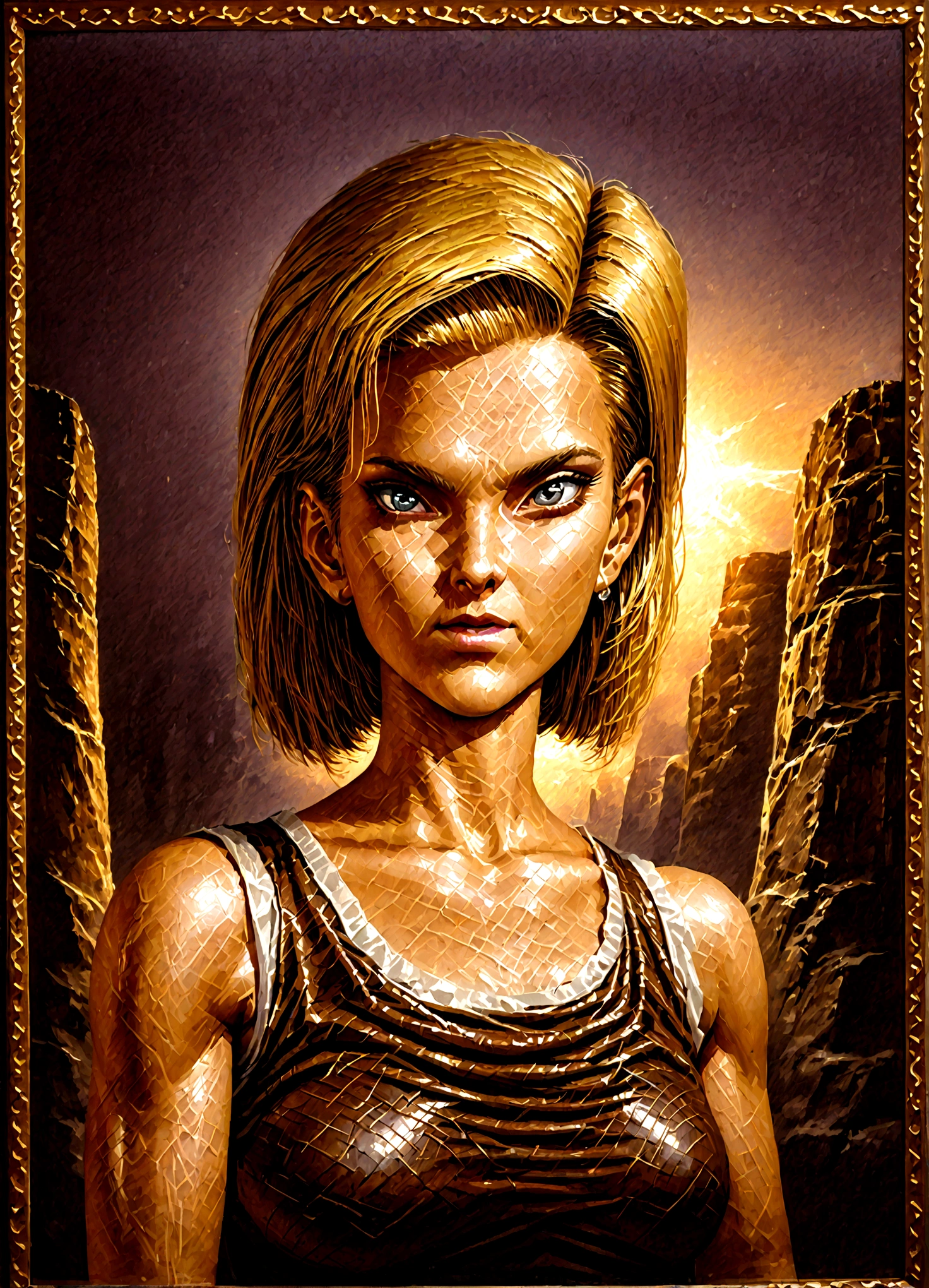 a powerful woman with torn clothes, muscular body, fierce expression, dramatic lighting, cinematic composition, dark fantasy, dramatic colors, chiaroscuro, oil painting, hyper detailed, photorealistic, masterpiece, (best quality,4k,8k,highres,masterpiece:1.2),ultra-detailed,(realistic,photorealistic,photo-realistic:1.37)