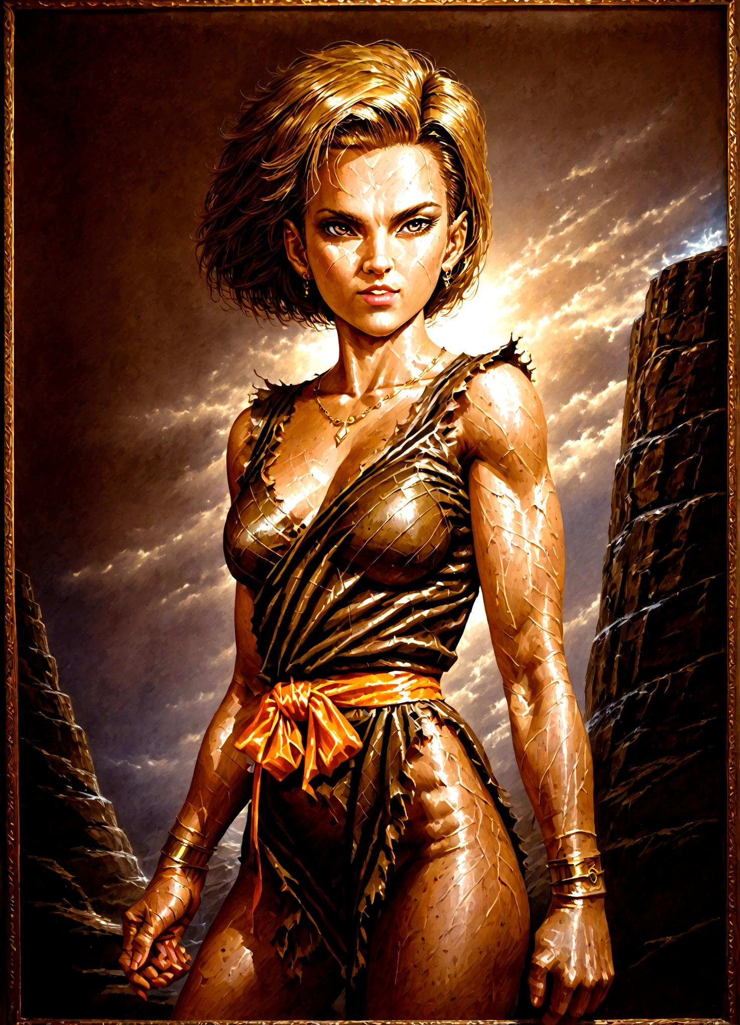 Transition to a desert landscape at sunset, eine einsame Figur, A beautiful woman in nomadic clothing appears, postapokalyptische Kleidung. Schichten aus zerfetztem Stoff, unkonventionelle Accessoires, and a weathered look create an aura of survival and resilience, small tiny breasts, Eine sexy fette, Lush, reife, fettleibige,