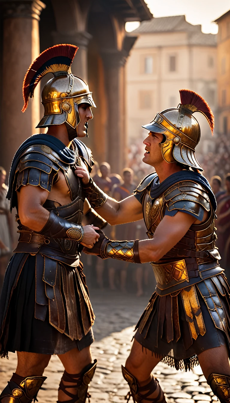 As the sun began to set, The warm golden hues of the sun illuminated his ornate attire, casting a warm glow across the area, Intense gladiator duel, set in ancient Rome, historical painting, background dark, hyper realistic, ultra detailed hyper realistic, photorealistic, Studio Lighting, reflections, dynamic pose, Cinematic, Color Grading, Photography, Shot on 50mm lens, Ultra-Wide Angle, Depth of Field, hyper-detailed, beautifully color, 8k, golden light from the front,