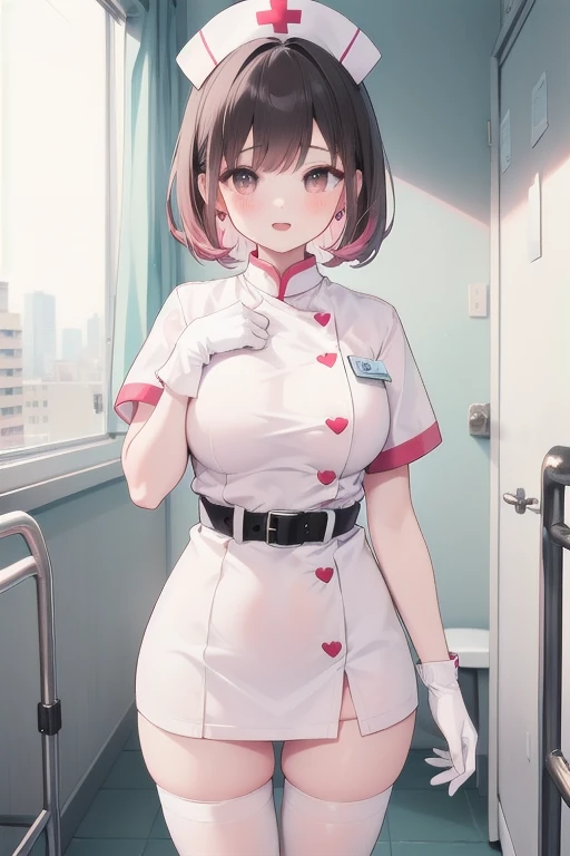1girl, solo, nurse, nurse cap, white wear, ((white legwear, zettai ryouiki)), white gloves, pink hair, drooping eyes, ((covered nose)), standing, ((hospital room)), sharp outline, short sleeves, best quality, masterpiece,Fleshy,Brown eyes,Fleshy,Black hair,happy,lol,Heart,belt,Black clothes,Exposing underwear,Black lingerie,miniskirt