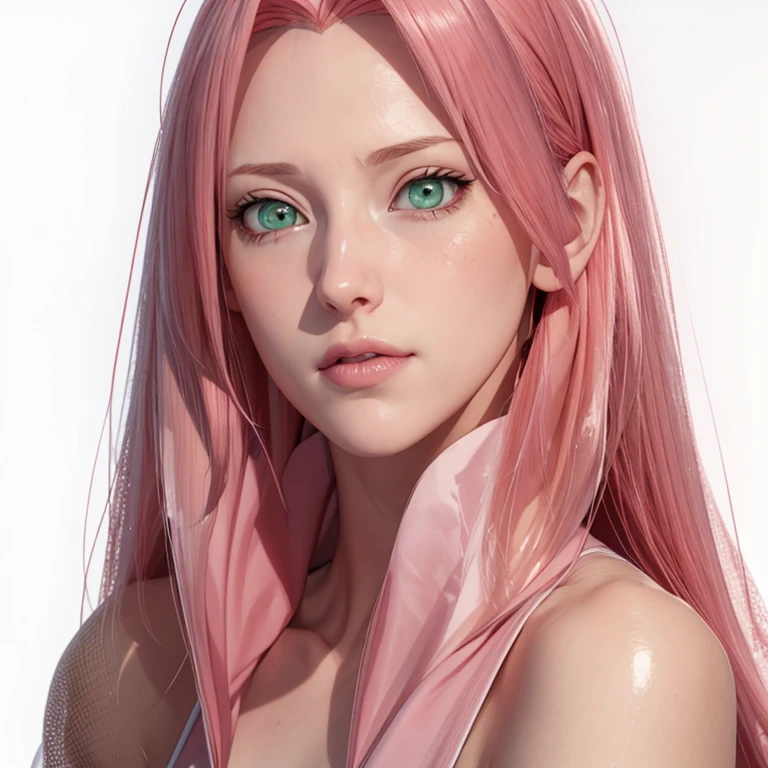 young woman, pale skin, short bubblegum pink hair, wide forehead, emerald green eyes, buttoned nose, peach lips, heart-shaped face, slender, red clothes, Sakura Haruno, 3d, realism, angelic face, maya in net