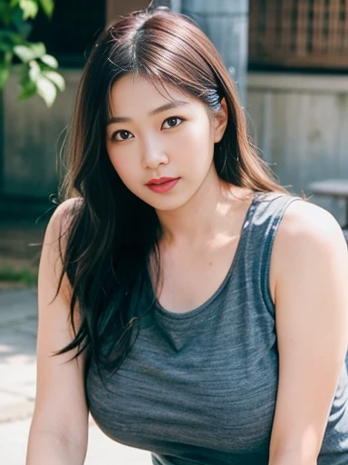 Japanese female 1 person, Middle-aged women: -0.6, Realistic, Exquisite face, alone, Tight grey tank top.  (White skin: 1.8, ), The look of temptation, Warm lighting: Sunny day, (RAW Photos:1.2), (Realistic), Full body shot, background:Inside the old castle, 