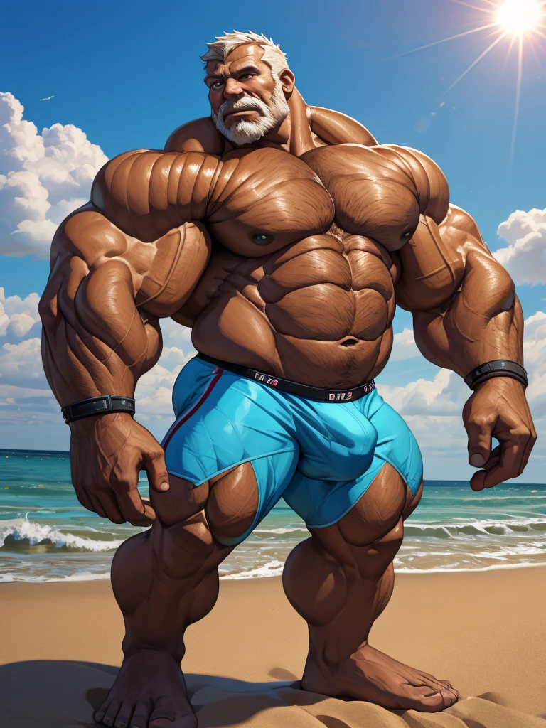 beach, side view, extremely huge muscular, massive muscular, full-body, well-muscled old man and hyper muscular, shirtless, nude, bulge, jokstrap. ((extremely muscle size, super thick arms, huge back, extremely wide back and shoulder , huge arms)). and add details to make it attractive and interesting. Add textures and details to make the image more realistic, such as the appearance of the shirt texture and the appearance of the skin. Make sure the resulting image is high resolution, 8K quality."