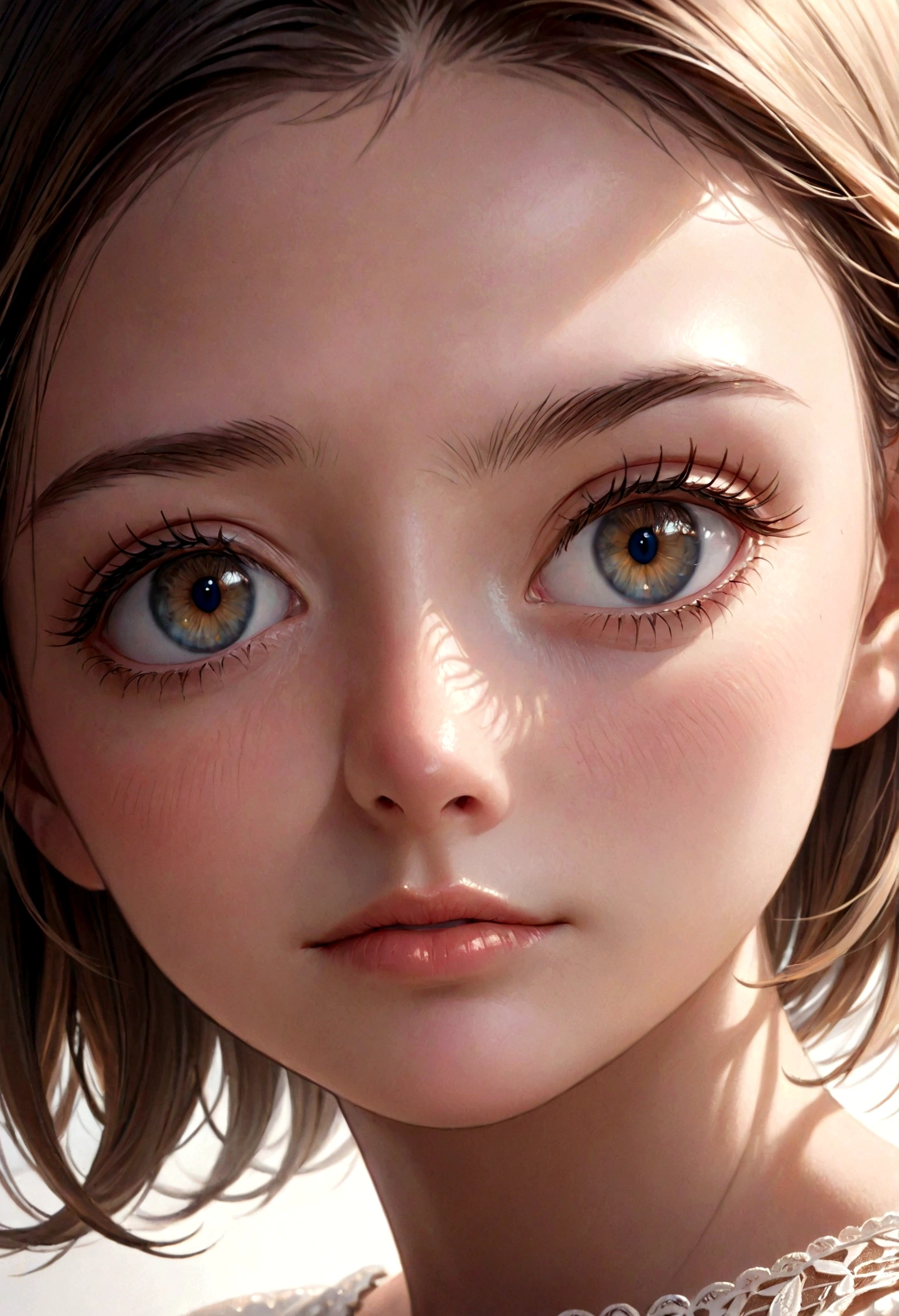 a detailed close-up portrait of a beautiful young woman, perfect skin, big beautiful eyes, long lashes, delicate nose, full lips, soft facial features, natural lighting, high resolution, 8k, hyper detailed, photorealistic, cinematic, dramatic lighting, warm color tones, glowing skin