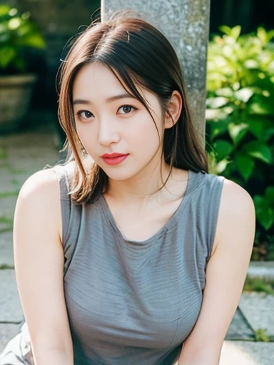 Japanese female 1 person, Middle-aged women: -0.6, Realistic, Exquisite face, alone, Tight grey tank top.  (White skin: 1.8, ), The look of temptation, Warm lighting: Sunny day, (RAW Photos:1.2), (Realistic), Full body shot, background:Inside the old castle, 