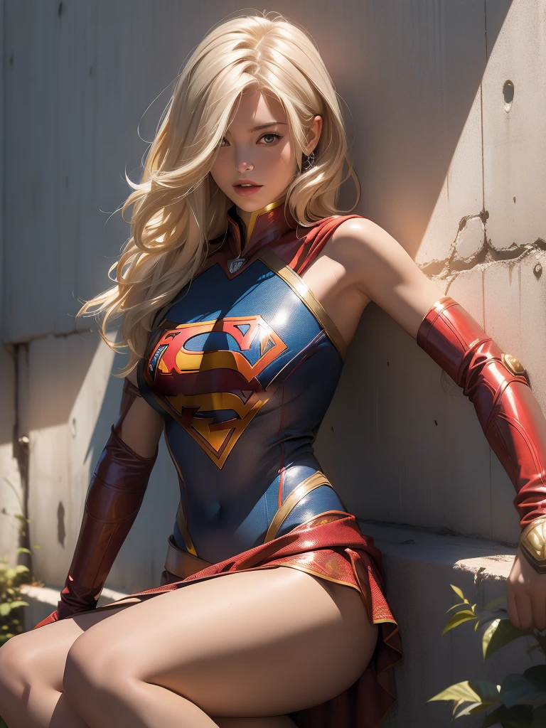 (((woman))), (((best quality))), (((masterpiece))), (((adult))), (((1girl))), (((corte de cabelo bob)) )), A 25 year old female cybernetic supergirl sat cross legged on tye floor, with perfect body, shoulder pads with metal spines, ((corte de cabelo bob))), tiny leather panties, supergirl top almost naked in wild urban style by Simon Bisley for the cover of Heavy Metal magazine, Short blonde hair, Minimum clothing, Metal protection on the left arm with intricate supergirl graphics, Dark red with white stars and striped zigzag pattern, navy blue and white, armor ( ((from the knee up))), white blonde hair, in the background a wall painted by Shepard Fairey with an intricate design
