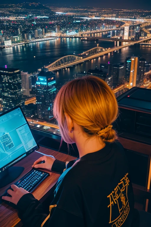 highest quality、Golden neon future city、Watching from on high、Night view、8k