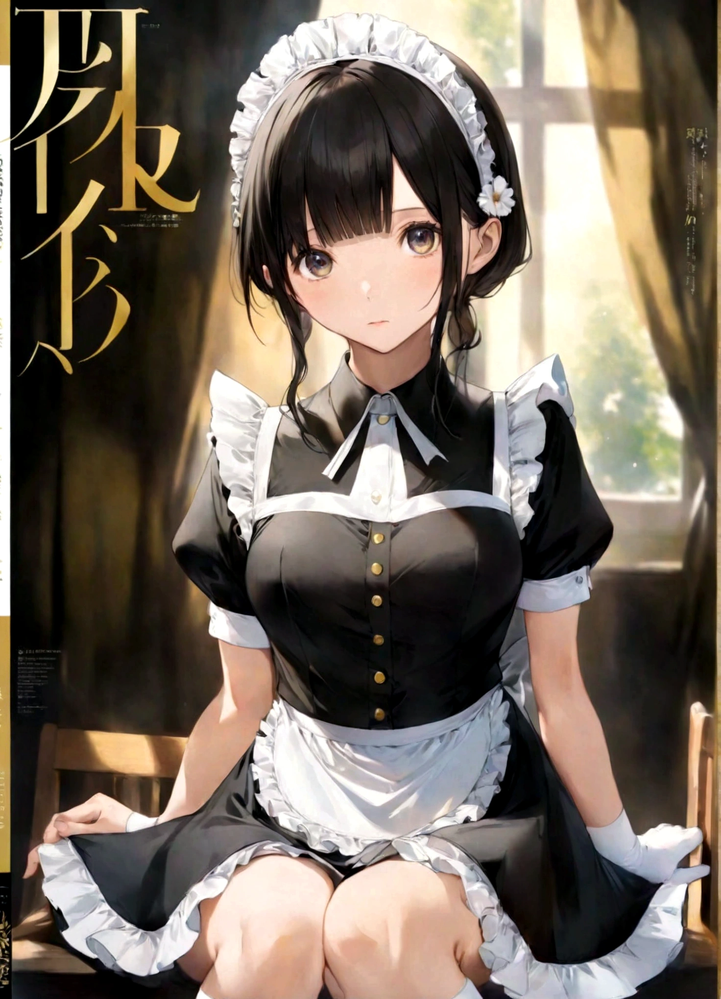 Magazine cover(masterpiece, best quality:1.2),Maid,(((The eyes are delicate)))Work((Maid衣服))Socks,(8K)(HD)