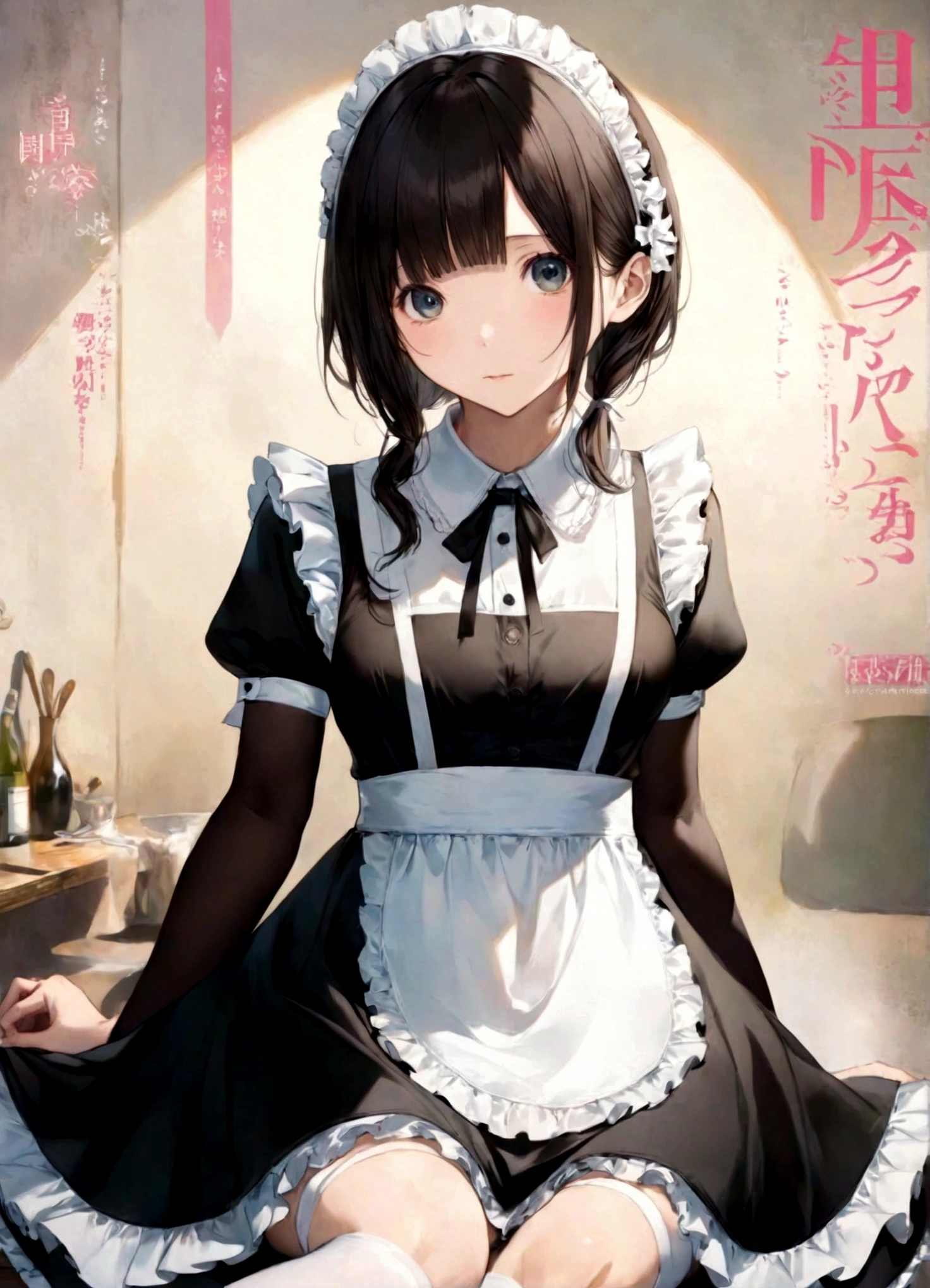 Magazine cover(masterpiece, best quality:1.2),Maid,(((The eyes are delicate)))Work((Maid衣服))Socks,(8K)(HD)