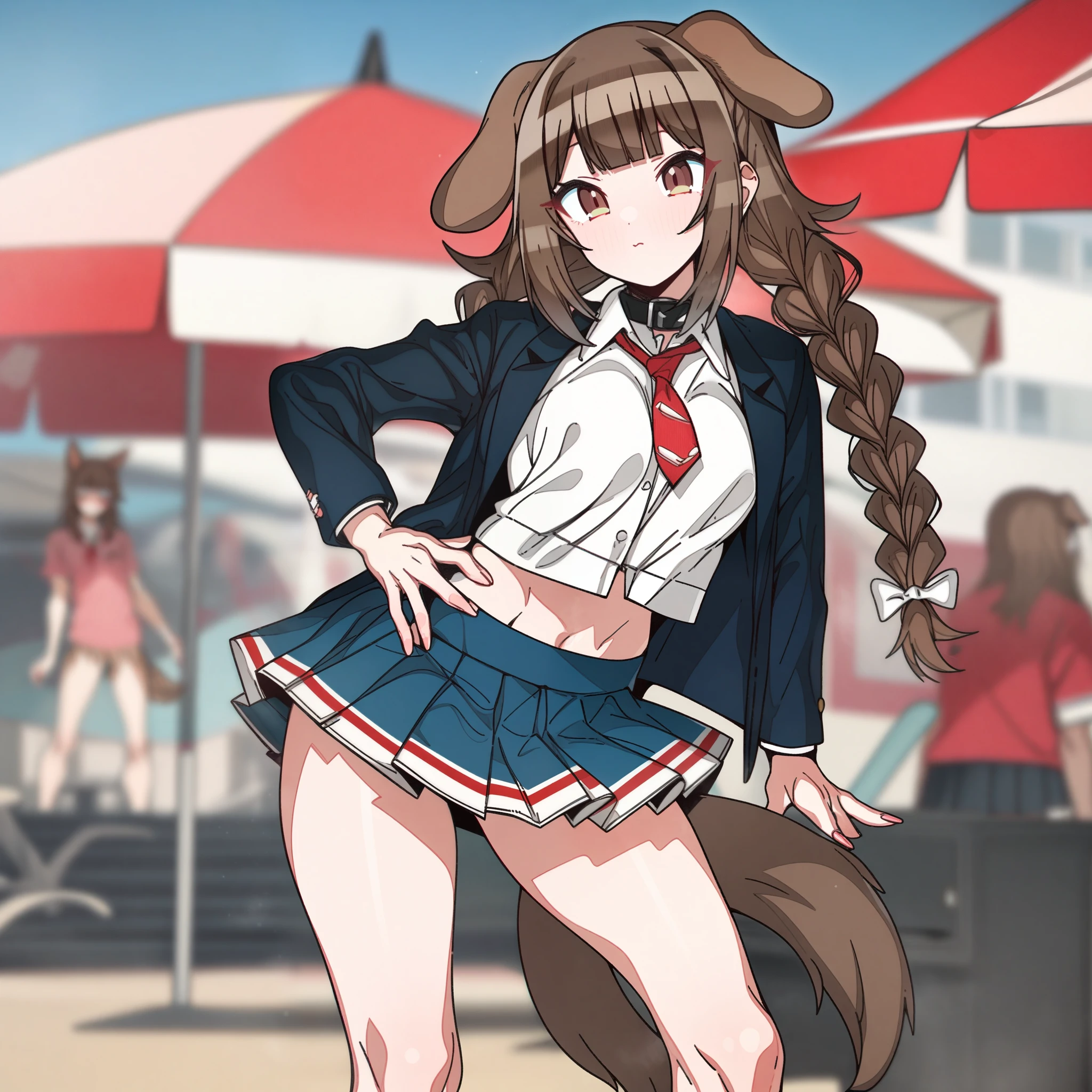 gawr_gura with brown hair and brown eyes, Artist, erere, Copyrights, idolmaster, idolmaster_shiny_colors, Character, General, 1girl, brown_hair, blunt_bangs, blush, medium_breasts, breasts, detailed eyelashes, beatiful girl:1, brown_eyes, censored, crop_top, school_uniform, pleated skirt, blazer, red tie, dog_tail, animal_collar, twin_braids, dog_ears, bone_hair_ornament, contrapposto, teeth, (full_body) (standing in middle, beach_umbrella), sky:0.7, detailed, sand, outdoors, from_side, looking_at_viewer, masterpiece, best_quality, great_quality, girl, solo, center_composition, centered character, cute