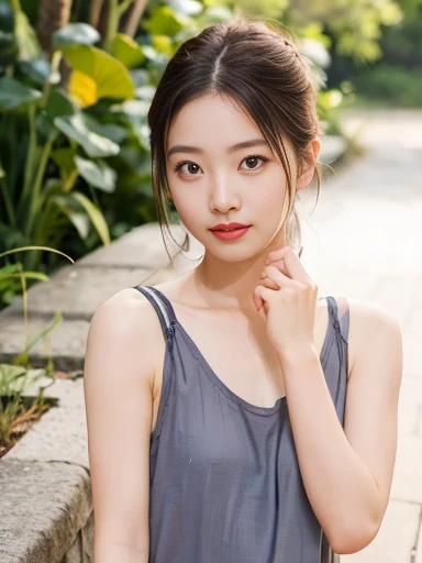 Japanese female 1 person, Middle-aged women: -0.6, Realistic, Exquisite face, alone, Tight grey tank top.  (White skin: 1.8, ), The look of temptation, Warm lighting: Sunny day, (RAW Photos:1.2), (Realistic), Full body shot, background:Inside the old castle, 