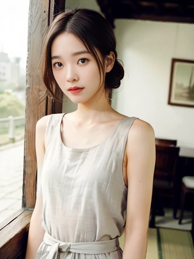 Japanese female 1 person, Middle-aged women: -0.6, Realistic, Exquisite face, alone, Tight grey tank top.  (White skin: 1.8, ), The look of temptation, Warm lighting: Sunny day, (RAW Photos:1.2), (Realistic), Full body shot, background:Inside the old castle, 