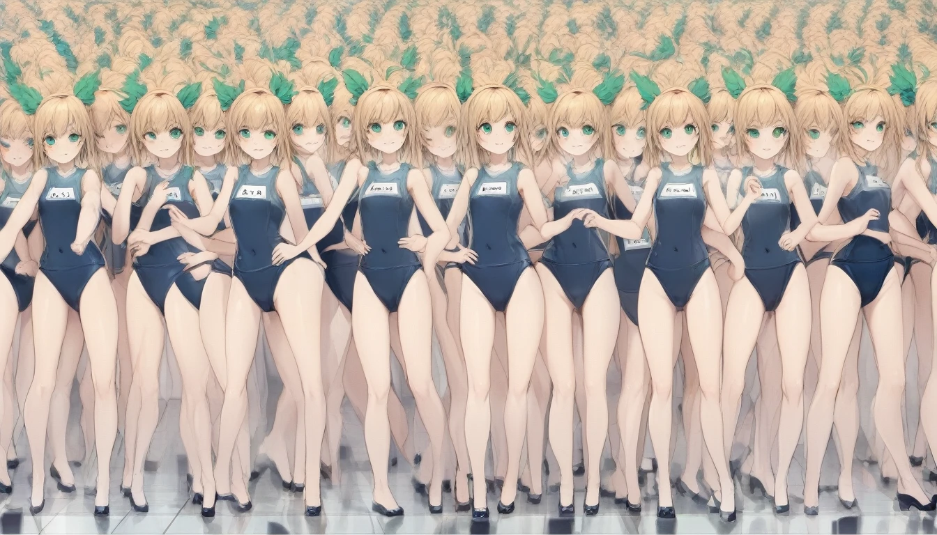 Short stature,flat chest, clone girls, blond hair, green eyes,roll(mega man classic) clones,swimsuit roll(mega man x dive old design) clones,high ponytail hair,Sleeveless navy one piece old type school swimsuit with white stripes from armpit to flank,white name tag, navy heeled sandals, green ribbon,human appearance,same height,same appearance, same face,fill the entire image, absolutely everyone, many clone, masterpiece, best quality,insanely detailed, 20000+ clone girls, perfect features,multiple clone girls,same school swimsuit,same hair