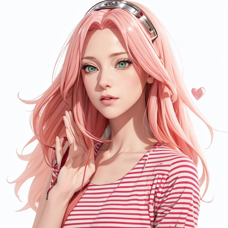 young woman, pale skin, short bubblegum pink hair, wide forehead, emerald green eyes, buttoned nose, peach lips, heart-shaped face, slender, red clothes, Sakura Haruno, 3d, realism, angelic face, maya in net