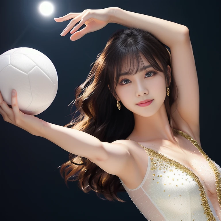 Photo-realistic quality、A 20-year-old idol woman wearing a sheer white slip and holding a ball, wearing leotard, Japanese Model, Elegant girl, looking at the camera、Detailed and beautiful eyes、Cute smile、A soft and gentle look