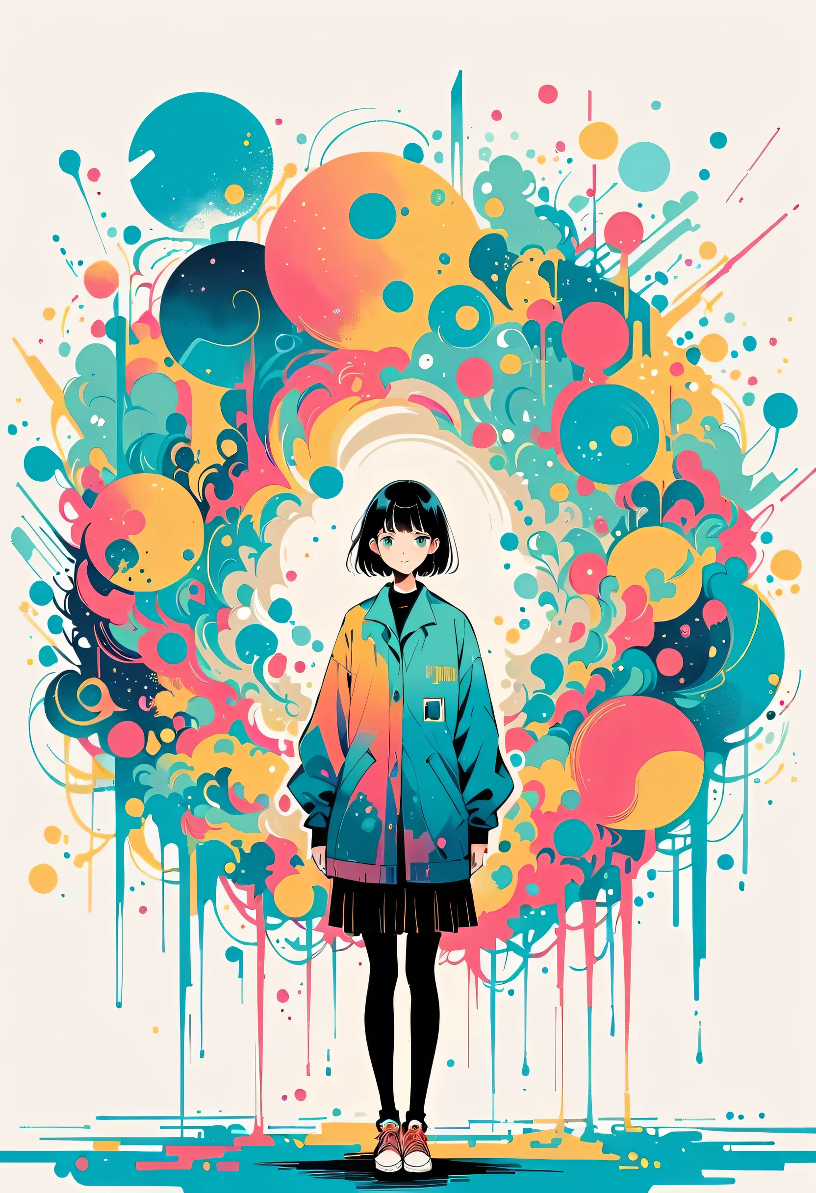 Watase Seizo style, Standing in front of a high wall,Simple Line Initialism,Abstract art,Urban Background, (((The most beautiful girl))),