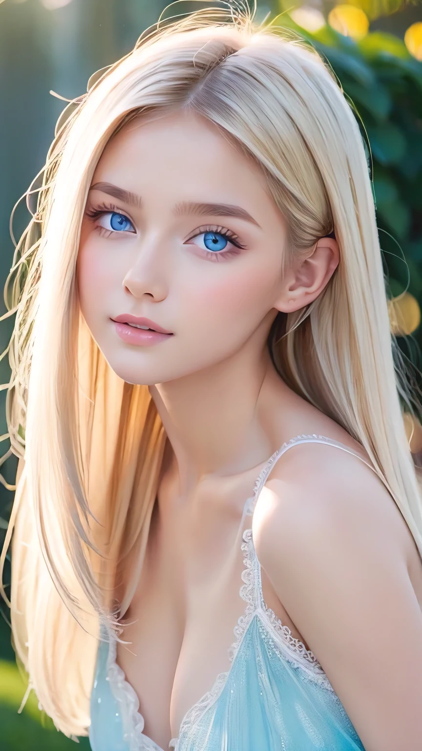 Shiny, Beautiful white skin、Hair color changes with light、Long bangs obstruct the view、Cheek gloss highlighter、Sexy and very beautiful, Ladylike, cute, Gorgeous face、The most beautiful face in the world、The most beautiful super long blonde hair in the world、Smooth, Straight Hair、Bright light blue eyes, lighting equipment、Beautiful pony、Beautiful 15 year old Swedish girl、Baby Face