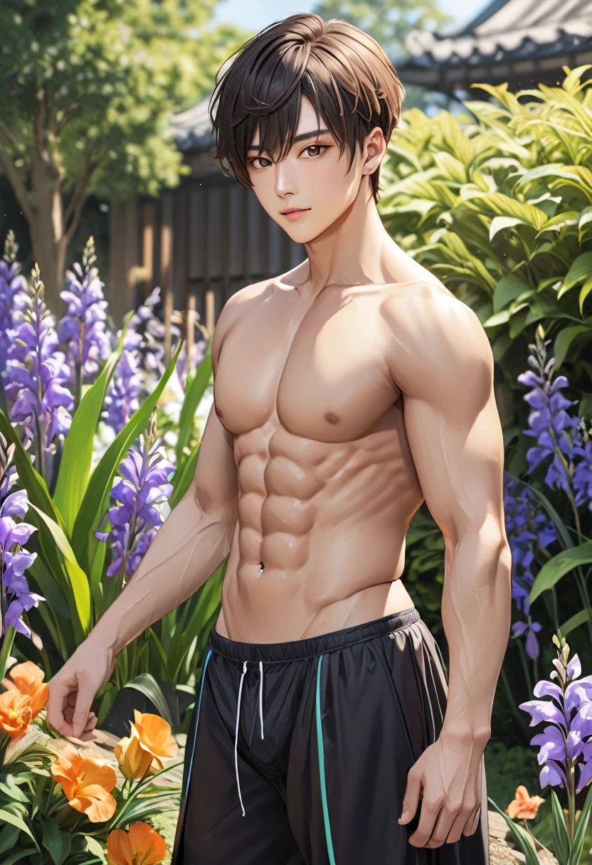 (best quality), realistic, iris, garden, ( Japanese idol boy),  (abs:1.2), black short hair, tanned dark skin, (detailed brown eyes), (smile:0.8), (detailed areola:1.2), (black tiny thong:1.4), (bulge),