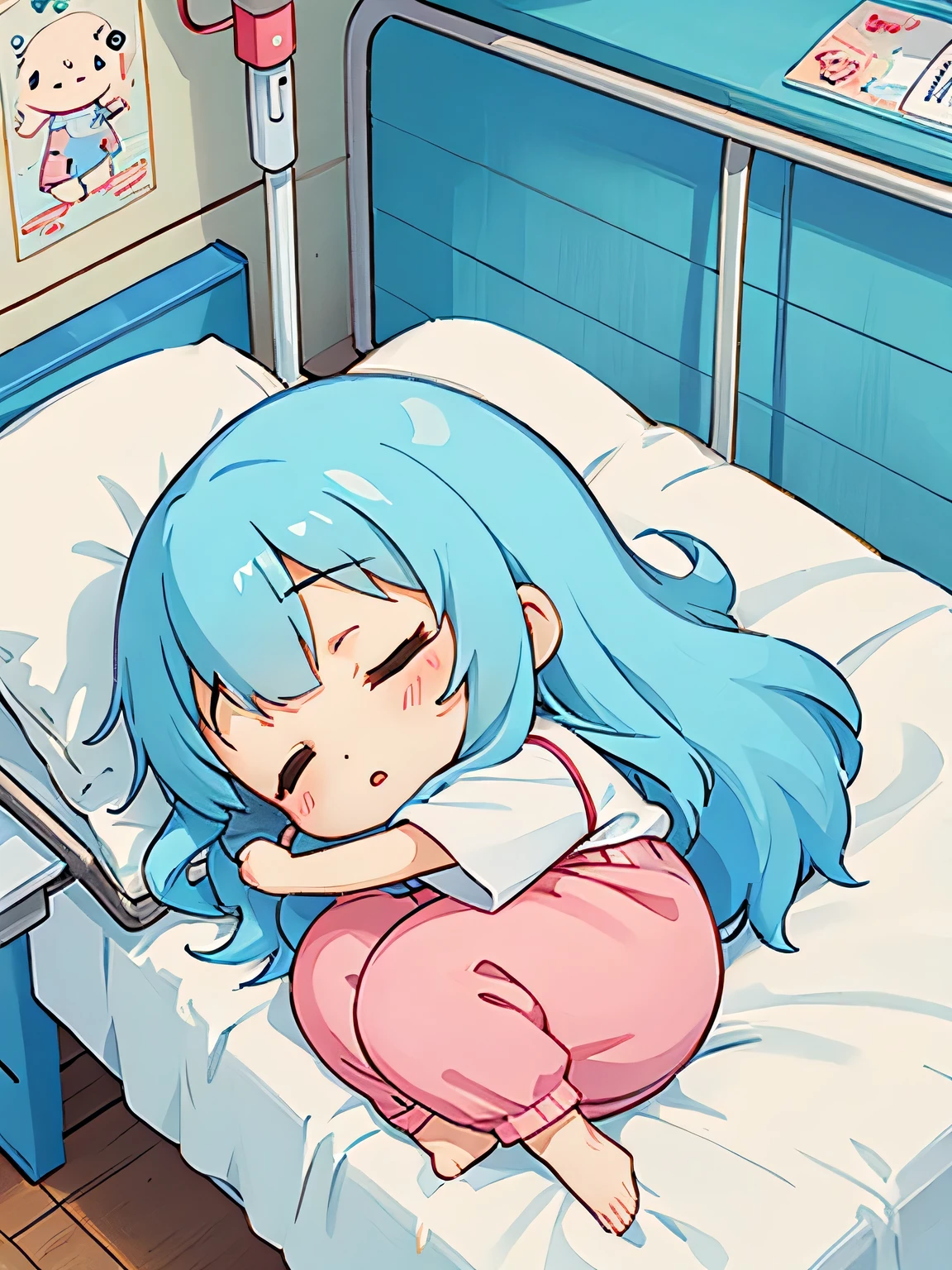 Hayao Miyazaki style, Kawaii Design, The most beautiful girl of all time、Chibi, Sick and sleeping、hospital bed