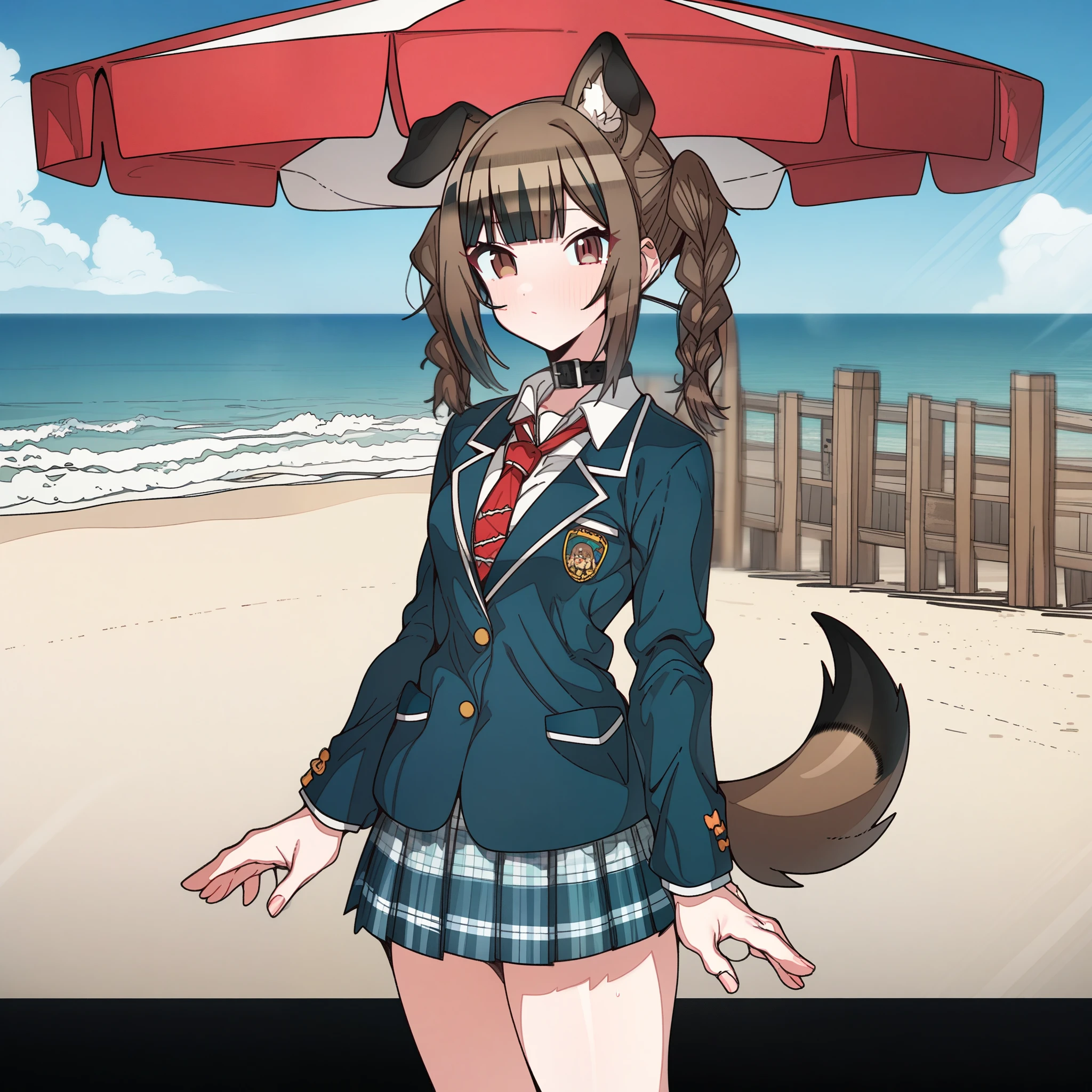 gawr_gura with brown hair and brown eyes, Artist, erere, Copyrights, idolmaster, idolmaster_shiny_colors, Character, General, 1girl, brown_hair, blunt_bangs, blush, medium_breasts, breasts, detailed eyelashes, beatiful girl:1, brown_eyes, censored, crop_top, skirt, navel, dog_tail, animal_collar, twin_braids, dog_ears, bone_hair_ornament, arms_behind_back, :|, (full_body) (standing in middle, beach_umbrella), sky:0.7, detailed, sand, outdoors, from_side, looking_at_viewer, masterpiece, best_quality, great_quality, girl, solo, center_composition, centered character, cute