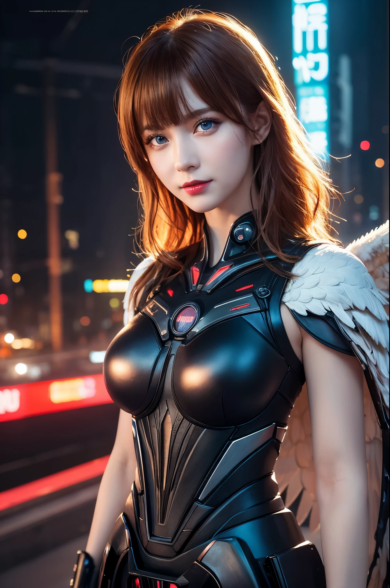 8K,月Flying in the night白い翼の天使達,Super Beauty(Like the real thing),天使の白いLong dress,Beautiful smile,Highly detailed illustration, Ultra-high resolution, masterpiece, highest quality, Perfect glowing skin, Perfect lighting, Detailed lighting, Dramatic Shadows, Ray Tracing, Looking at the audience, Small breasts, Beautifully detailed hazel eyes, Sharp Face, Clear Eyes, Red lips, Long bangs, Short Curly Hair, Red hair, ((Cyberpunk Dark City)), Upper Body, Combat Uniform, Military Harness,masterpiece,highest qualityのフォトリアリスティックなRAW写真。Bright colors,Rich colors, Backlight, Cinema Lighting, Film Grain, to be born, 50mm lens, Nikon D850,Detailed character art,Fantasy art,Ultra-high resolution,Ultra-Realistic Skin,Perfect hand shape,Big white wings,Blonde,Blue Eyes,Long dress,Flying in the night,Flying in the night sky,