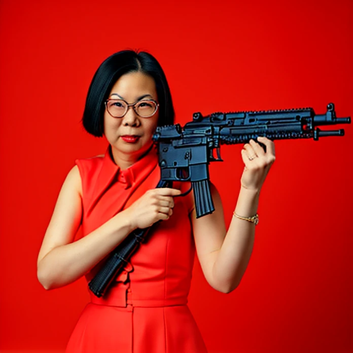 Amy Wong holding Machinegun on Red Background 