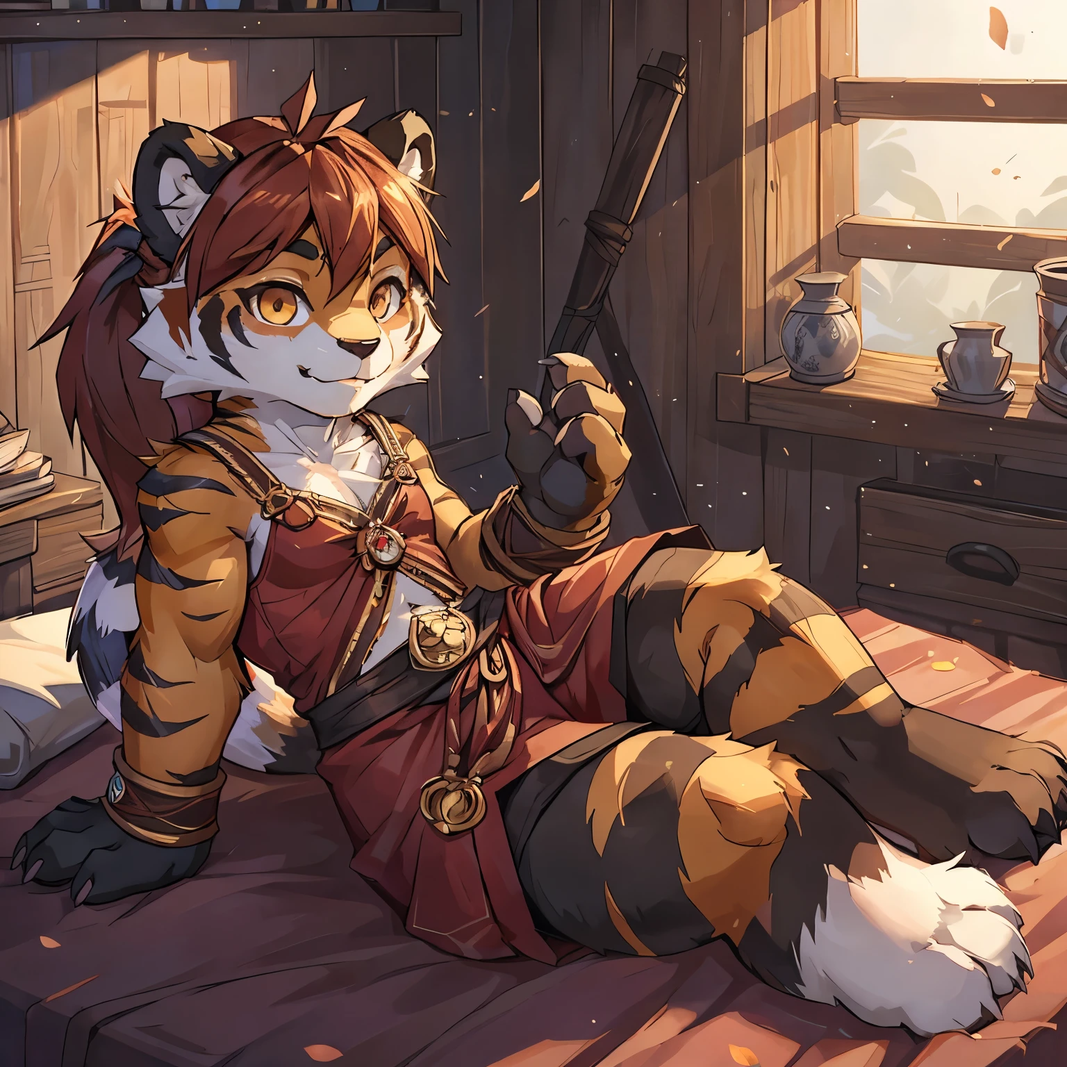 4fingers, small_round_ears, small_panda_ears, pandaren, world_of_warcraft, furry, anthropomorphic, fluffy_tail, foxtail, cfemale, claws, red_panda, tiger_stripes, tiger_face, flat_chested, shortstacK, short, amber_eyes, pupils, simple clothing, detailed_eyes, detailed_face, four_fingers, long_ponytail, waist_long_hair, three_toes, laying_on_a_bed