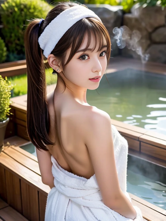 On the table, highest quality, One Girl, (Beautiful girl, Role Playing Game Maker:1.2), (24-years-old:1.2), The clarity of the eyes is very good, (Symmetrical eyes:1.3), Browsing Caution, (hot spring, , Covering the body with steam:1.3), Beautiful breasts, Brown eyes, Parted bangs, Brown Hair、Put a bath towel on your head、turn around、Back view、Butt、aroused、short twintails、Beautiful back、Open your mouth a little、Cover your chest with your hands